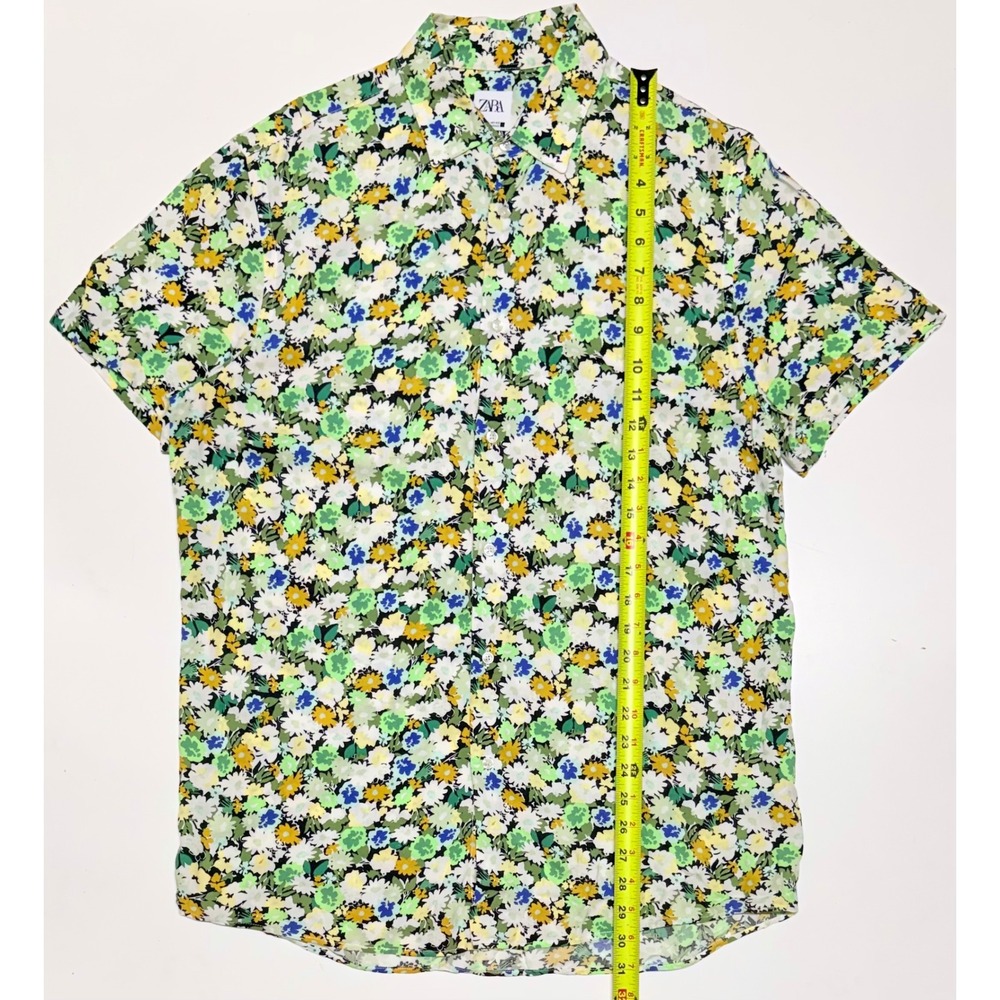 Zara Man Floral Short Sleeve Button Down Shirt Green Yellow Viscose Large